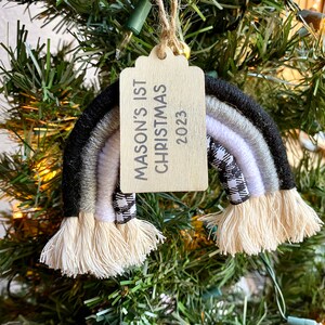 Personalized Black & White Baby Christmas Ornament, Macrame Rainbow Christmas Ornament for Kids Gift, Buffalo Check Christmas Decor