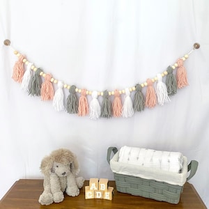 Blush Pink and Gray Tassel Garland, Baby Girl Nursery Wall Hanging, Blush Pink Nursery Decor, Custom Lengths