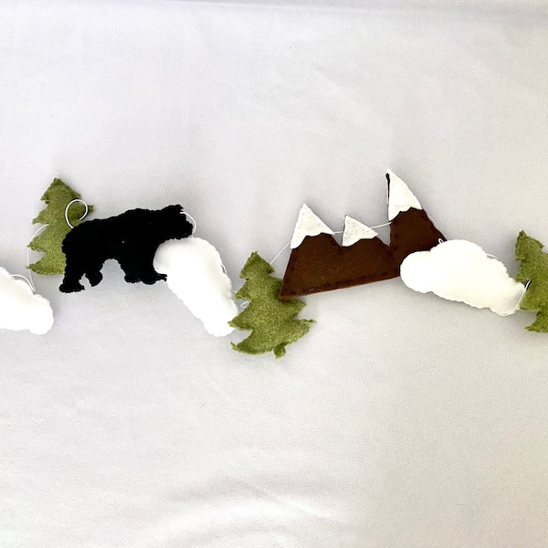 Felt Mountain Nursery Garland, Woodland Animal Nursery Wall Decor, Handsewn Felted Garland, Tree Nursery Wall Decor, Mountain Wall Decor