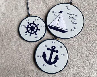 Ensemble de cerceau à broder nautique, décoration de maison sur le lac, oeuvre d'art bleu marine