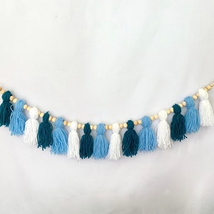 Baby Boy Blue Tassel Garland with Wooden Beads, Blue Tassel Nursery Wall Hanging, Boy First Birthday Highchair Banner, Custom Lengths