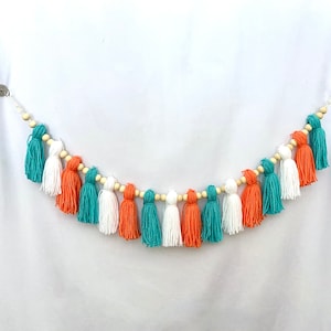Turquoise Coral Yarn Tassel Garland, Under the Sea Nursery Tassel Wall Garland, Baby Shower Garland Decor, Custom Lengths
