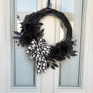 Gothic Halloween Wreath: Black Flowers & Foliage on Willow Base