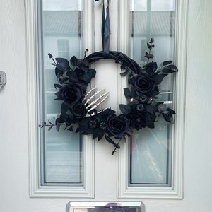 Gothic Halloween Wreath: Black Roses, Skeleton Hand, Front Door Decor