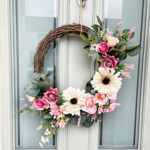 Spring wreath for front door, artificial flowers, year round wreath, purple wreath, outdoor wreaths, rose wreath, wedding present to couple