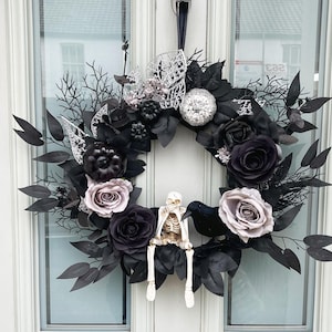 Gothic Halloween Wreath, Black Roses, Skeleton, Spooky Autumn Decor