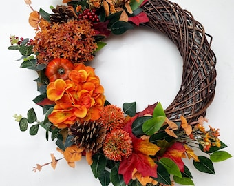 Autumn Front Door Wreath: Artificial Pumpkin, Pinecone & Hydrangea Decor