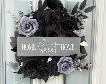Gothic Halloween Wreath: Black Roses & Crow, Spooky Decor
