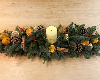 Fresh Christmas Centerpiece, Blue Spruce, Pinecones & Oranges
