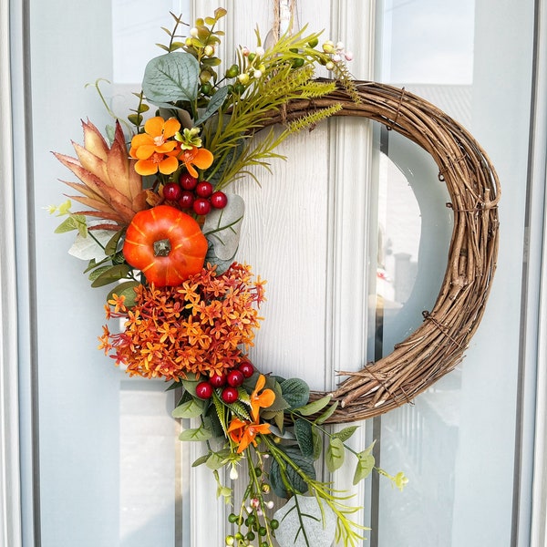 Autumn wreath for front door, wreath gift for mom, fall decor, pumpkin wreath, autumn decorations, autumn wedding wreath, Halloween wreath