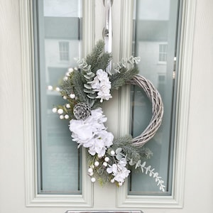 Christmas wreath for front door, spruce wreath, white and silver winter decorations, handmade, Christmas decorations for the home