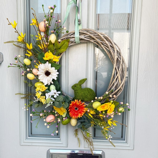 Easter wreath for front door, Easter wreath, spring wreath, Easter decorations, Easter bunny, Easter eggs, daffodil wreath, narcissus