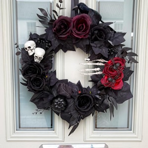 Gothic Halloween Wreath: Black Roses, Skeleton, Pumpkins