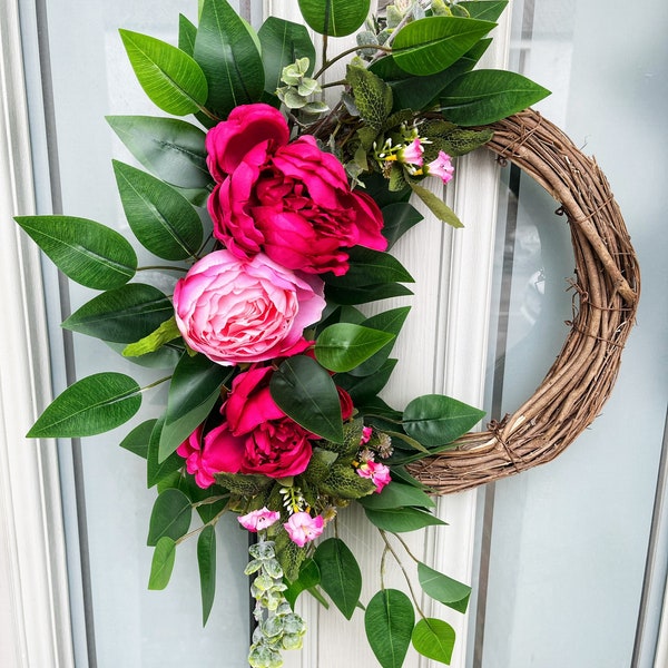 Spring wreath for front door, faux wreath, wreath hanger, wreaths for front door year round, door wreath, pink wreath, outdoor wreath