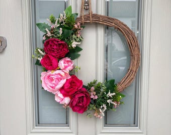 Pink Peony Spring Wreath: Faux Eucalyptus and Ficus Leaf Door Decor