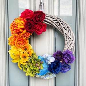 Spring door wreath, rainbow with flowers, rainbow bridge, rainbow welcome sign, door wreath for outside, door wreath hanger, rainbow wreath