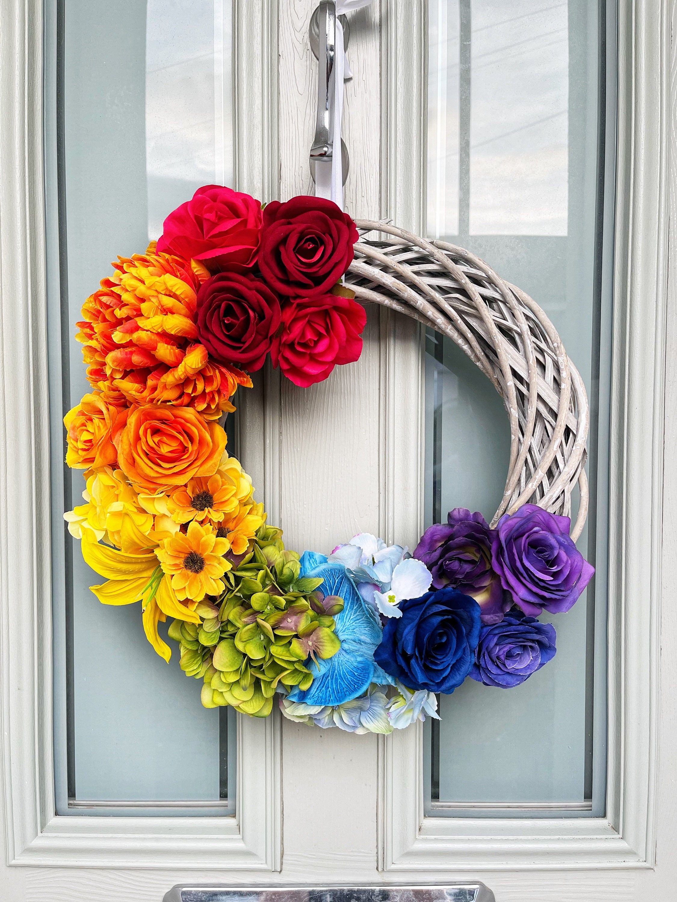 Rainbow Flower Door Wreath: Vibrant Artificial Floral Wicker