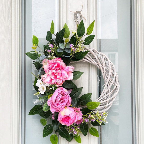 Front door wreath, year round wreath, dahlia and peony wreath, welcome wreath, pink and purple wreath,  Christmas present for mum, sister