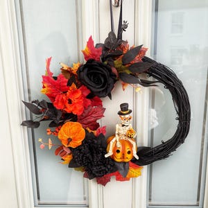 Gothic Halloween Wreath: Black Roses, Skull, Pumpkins