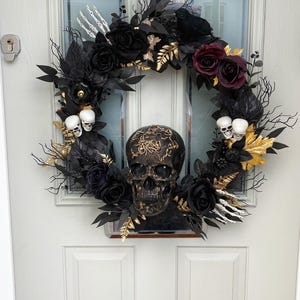 Gothic Halloween Wreath, Light-Up Skull, Black Roses, Pumpkin Decor