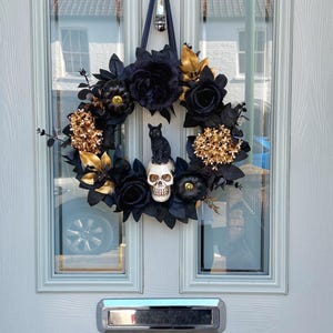Gothic Halloween Wreath, Black Roses, Skull & Cat Ornament