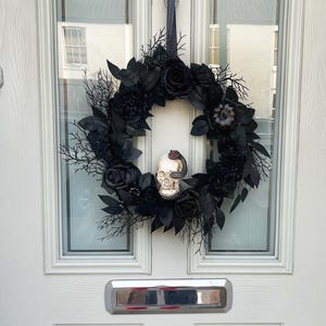 Gothic Halloween Wreath: Black Roses, Skull, Front Door Decor