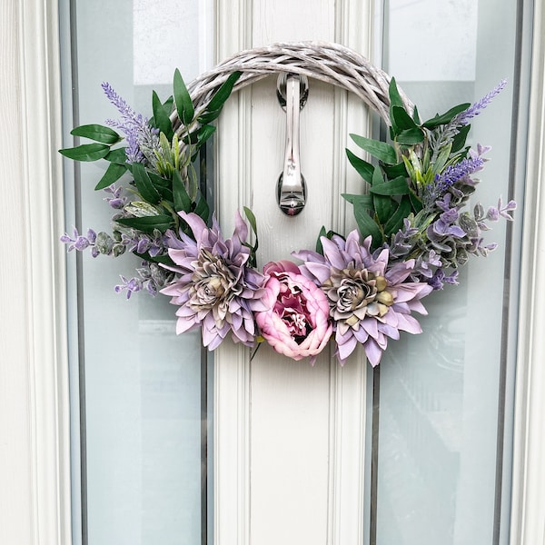 Front door wreath, year round wreath, dahlia and peony wreath, welcome wreath, birthday present for mum, purple wreath, pink