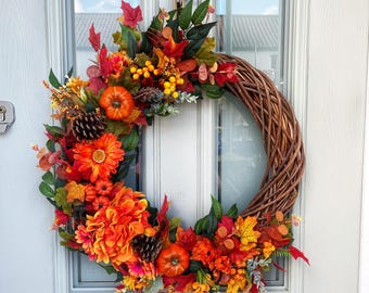 Autumn Wreath for Front Door: Hydrangea, Pumpkin & Pine Cone Decor