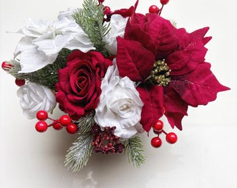 Christmas Grave Pot Arrangement, Poinsettia & Rose Memorial Flowers