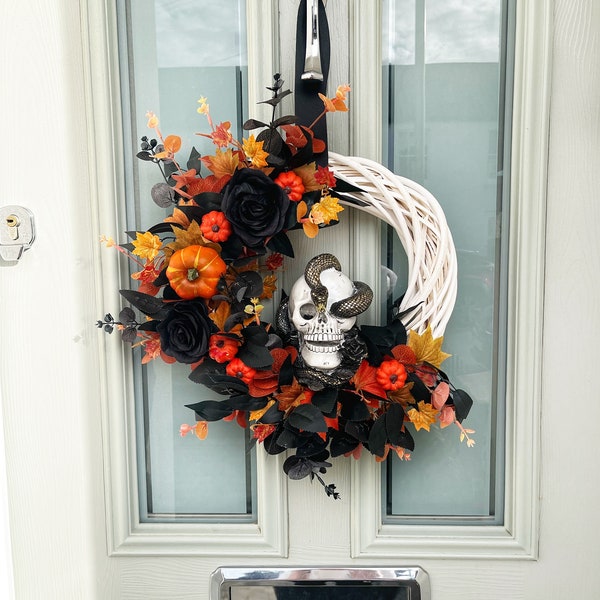 Halloween wreath for front door, ghost wreath, skull wreath, pumpkin wreath, autumn decorations, autumn wedding wreath, spooky wreath