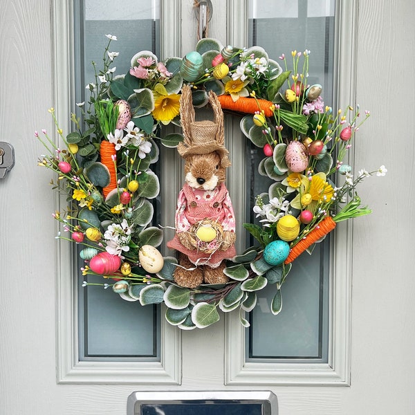 Easter wreath for front door, Easter wreath, spring wreath, Easter decorations, Easter bunny, Easter eggs, daffodil wreath, peony wreath