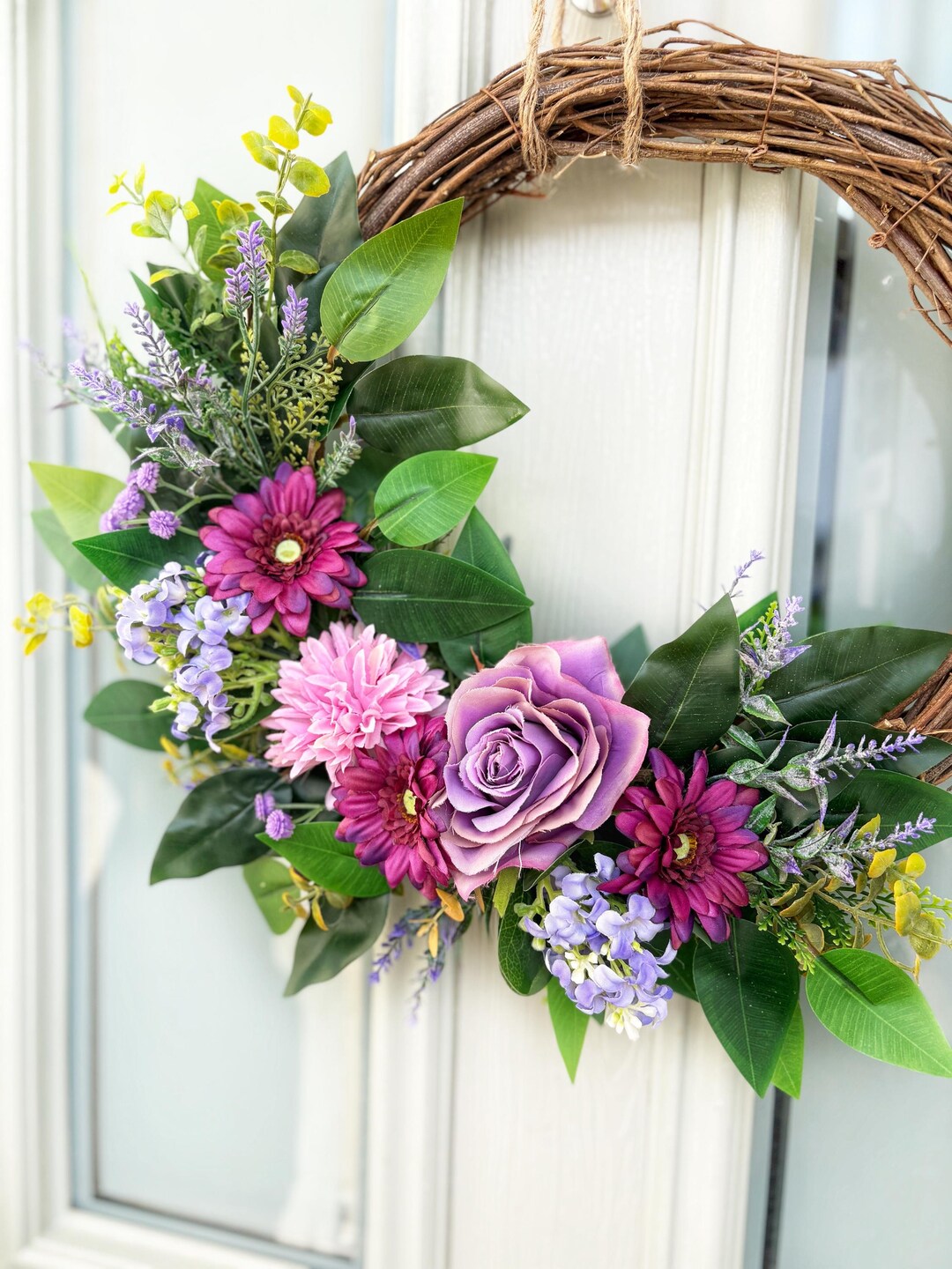 Handcrafted Floral Grapevine Wreath – Pink Purple Spring Summer Door ...