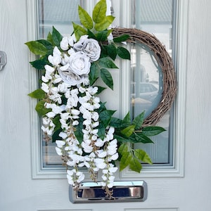 Spring wreath for front door, faux wreath, wreath hanger, wreaths for front door year round, door wreath, white wreath, outdoor wreath