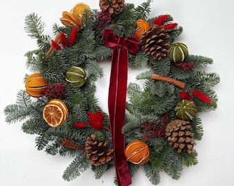 DIY Fresh Christmas Wreath Kit, Spruce, Pinecones & Oranges