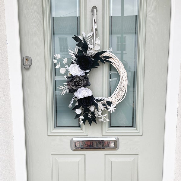 Black and white wreath for front door, black and white decor, wreaths for front door year round, gothic home decor, Halloween wreath