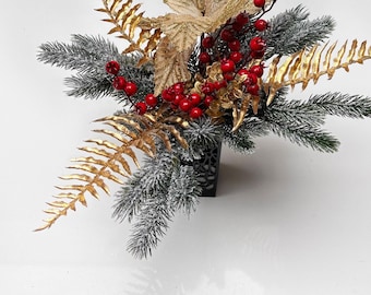 Christmas Grave Pot Arrangement, Artificial Poinsettia, Berries, Spruce