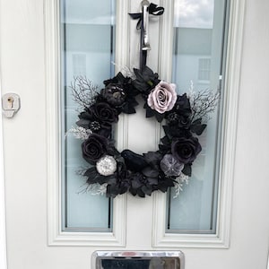 Gothic Halloween Wreath: Black Roses, Pumpkins & Crow Front Door Decor