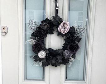 Gothic Halloween Wreath: Black Roses, Pumpkins & Crow Front Door Decor