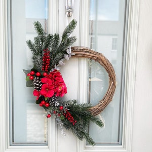 Christmas wreath for front door, artificial spruce wreath, willow wreath, Christmas decorations for home, Christmas decor, red wreath