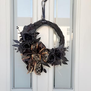 Gothic Halloween Wreath: Black Flowers & Foliage, Rustic Willow Base
