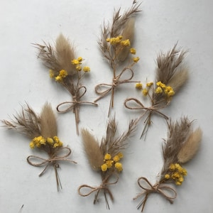 6 x Mini mazzi di fiori secchi / 8-10 cm / Toppers per cupcake / Torta / Naturale e giallo / Boho / Decorazione per torte / Regalo / Artigianato / Regno Unito /