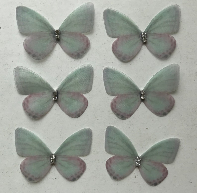 Organza Butterfly Appliques with Rhinestones: Double Layer, 3D Embellishments, 5cm (Set of 6) Grön