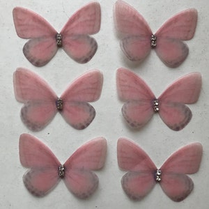 Organza Butterfly Appliques with Rhinestones: Double Layer, 3D Embellishments, 5cm (Set of 6) Rosa
