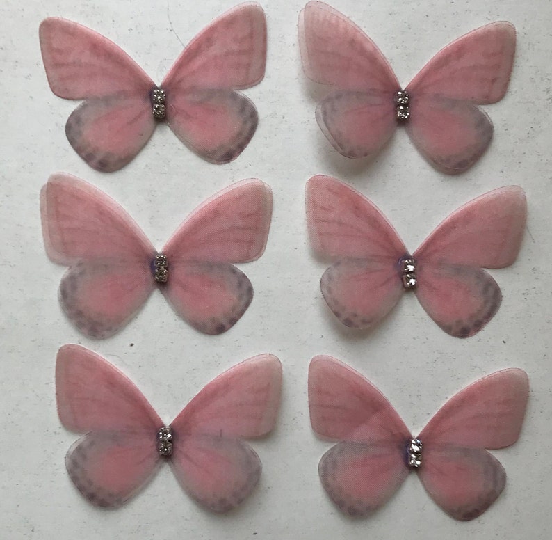 Organza Butterfly Appliques with Rhinestones: Double Layer, 3D Embellishments, 5cm (Set of 6) Rosa