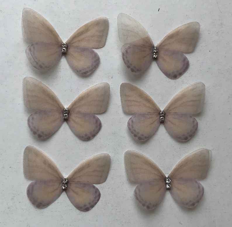 Organza Butterfly Appliques with Rhinestones: Double Layer, 3D Embellishments, 5cm (Set of 6) Beige