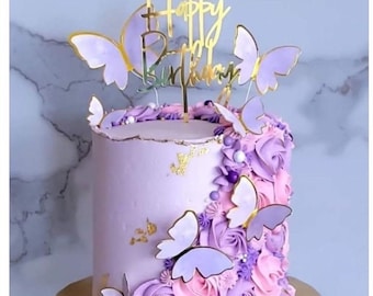 21-teilige Tortendeko Mit Schmetterlingen – Inkl. Happy Birthday Topper, Glitzer & Fächerblumen