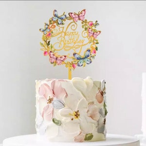 Happy Birthday Decorative Cake Topper | 6 designs | Flowers | Butterflies | Pink | Gold | Cake Decoration | Cake Design | Party | Celebrate