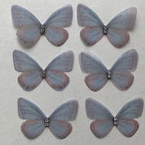 Organza Butterfly Appliques with Rhinestones: Double Layer, 3D Embellishments, 5cm (Set of 6) Blå