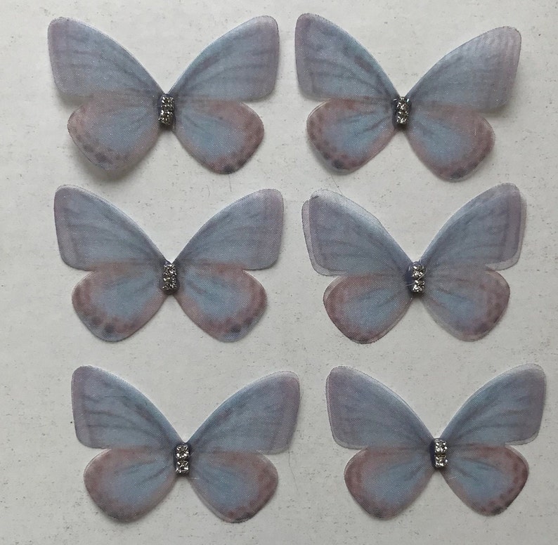 Organza Butterfly Appliques with Rhinestones: Double Layer, 3D Embellishments, 5cm (Set of 6) Blå