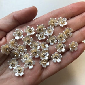 Può includere: Una collezione di piccoli abbellimenti a forma di fiore bianco con centri color oro e accenti scintillanti. Questi elementi floreali decorativi sono ideali per l'artigianato e aggiungono un tocco delicato.